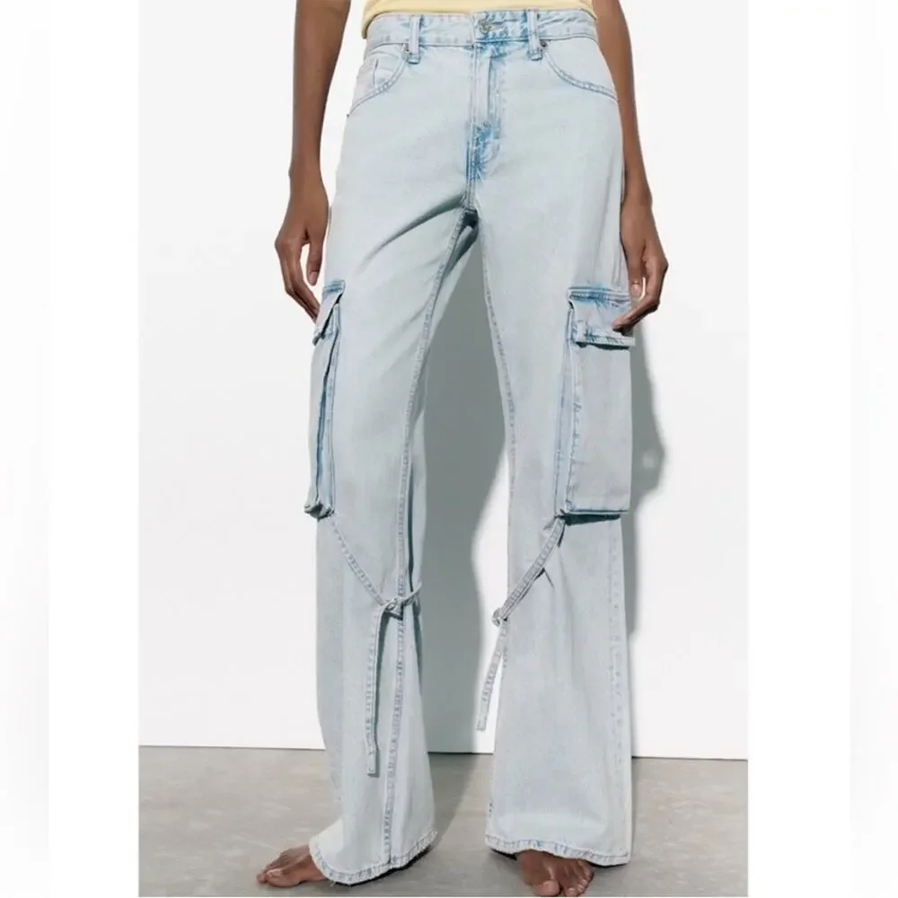 ZARA TRF MID-RISE BELT LOOP CARGO JEANS